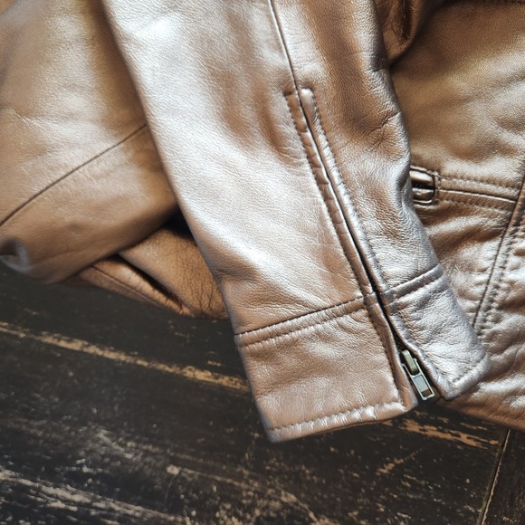 PowWow Leather Jacket Women's 6 Gold Bronze Short Moto Leopard‎ Lining Biker Zip - Picture 11 of 14